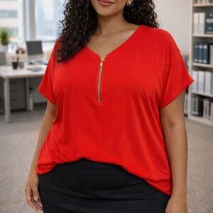 Philosophy Bold Red Short-Sleeve Zip-Neck Top